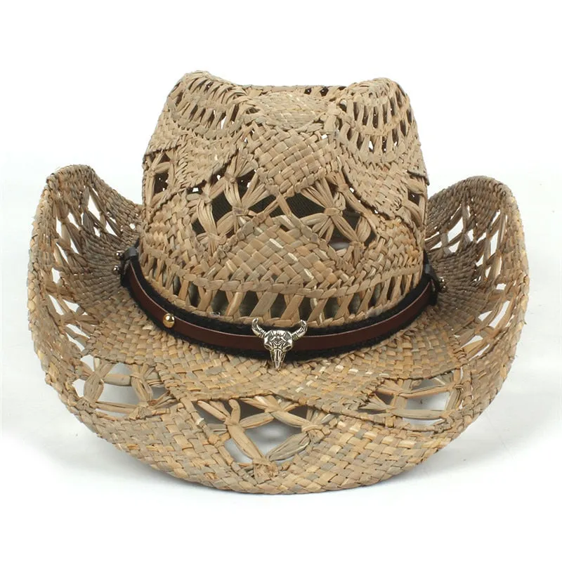 100% Natural Straw Cowboy Hat Women Men Handmade Weave Cowboy Hats