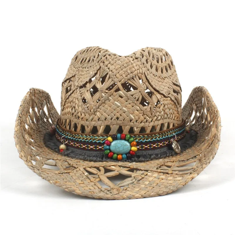 100% Natural Straw Cowboy Hat Women Men Handmade Weave Cowboy Hats