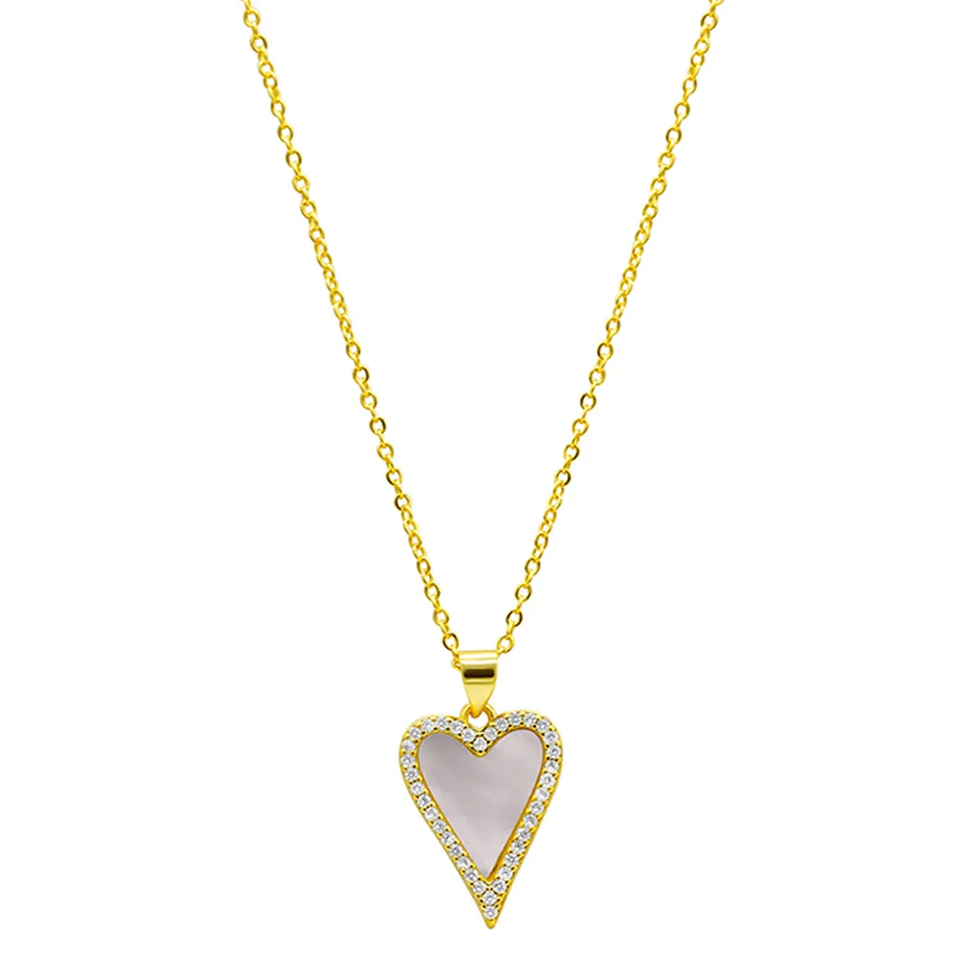 14K Gold Plated White Mother-of-Pearl Crystal Halo Heart Necklace