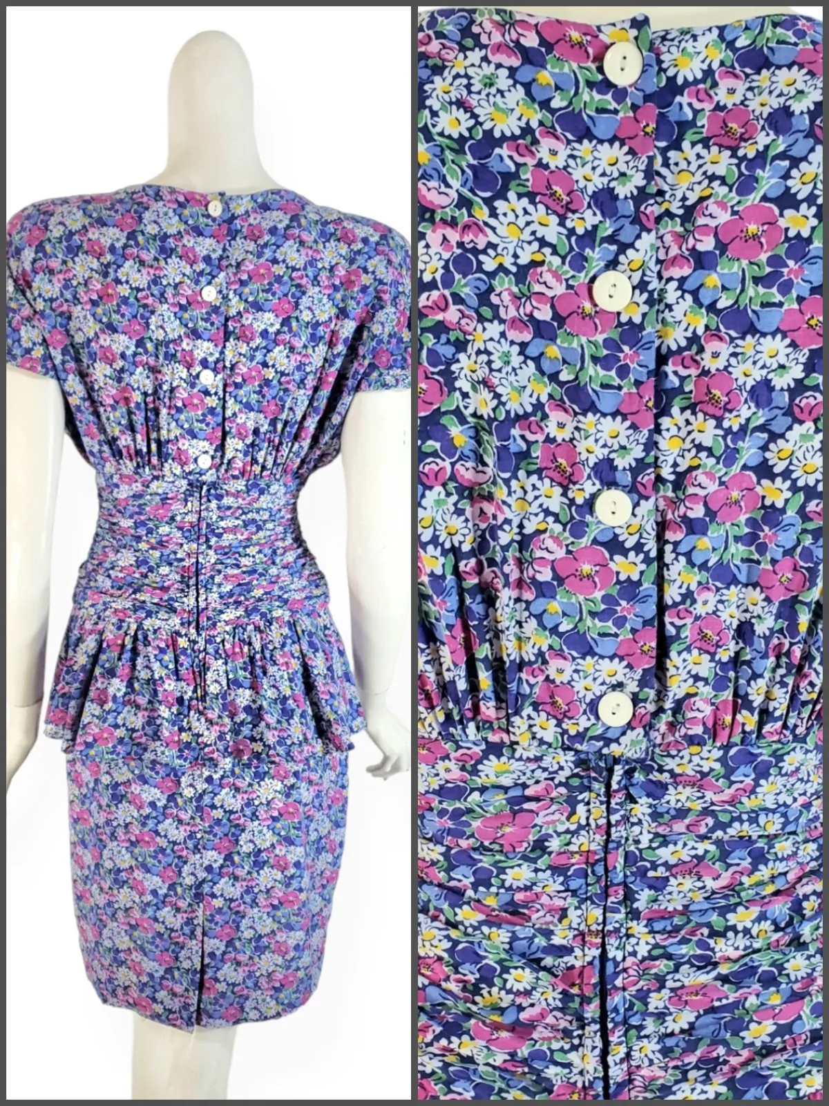 80s Floral Peplum Dress - sm, petite