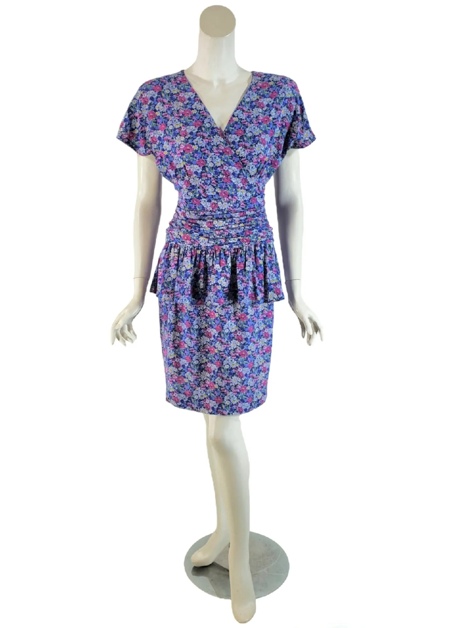 80s Floral Peplum Dress - sm, petite