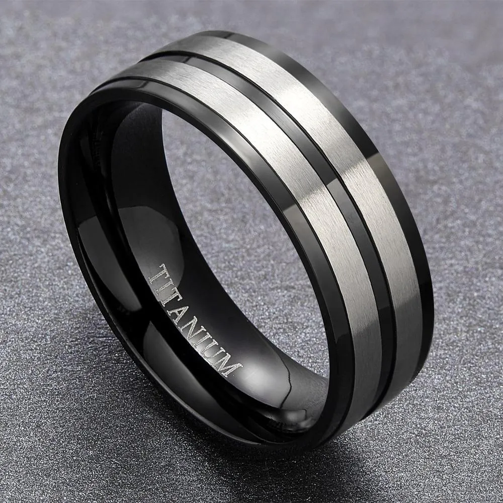 8mm Black Groove Brushed Titanium Fashion Wedding Band