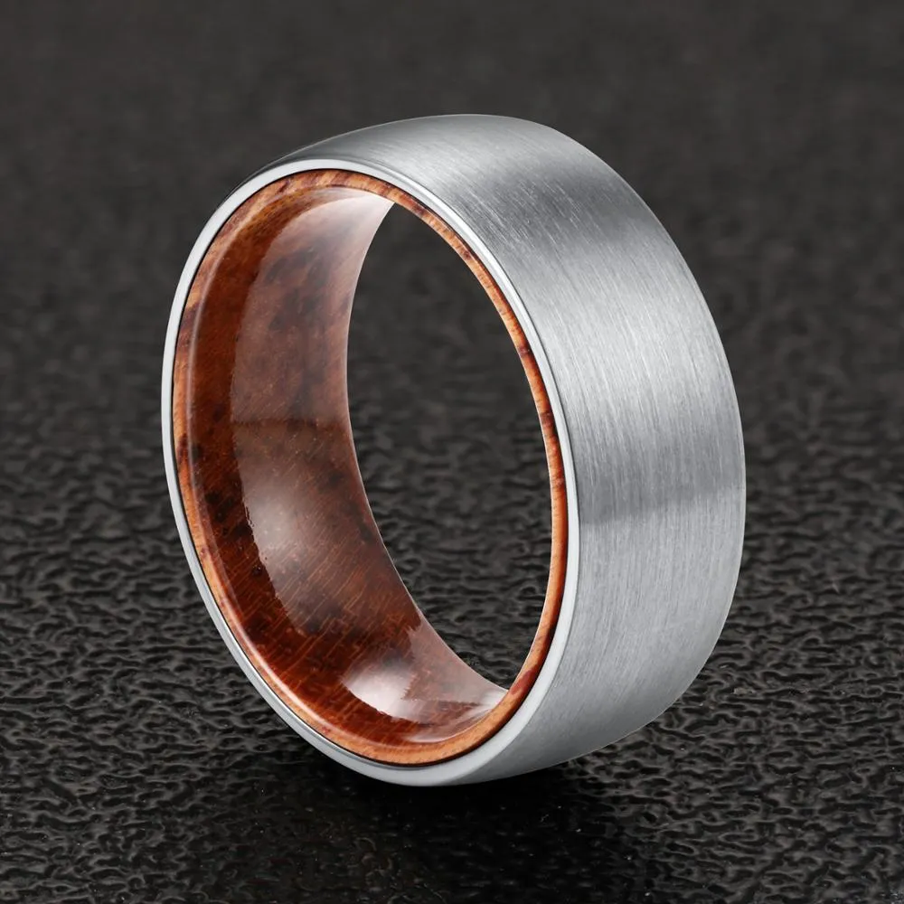 8mm Men Brushed Dome Tungsten Carbide with Rosewood Interior Comfort Fit Wedding Band