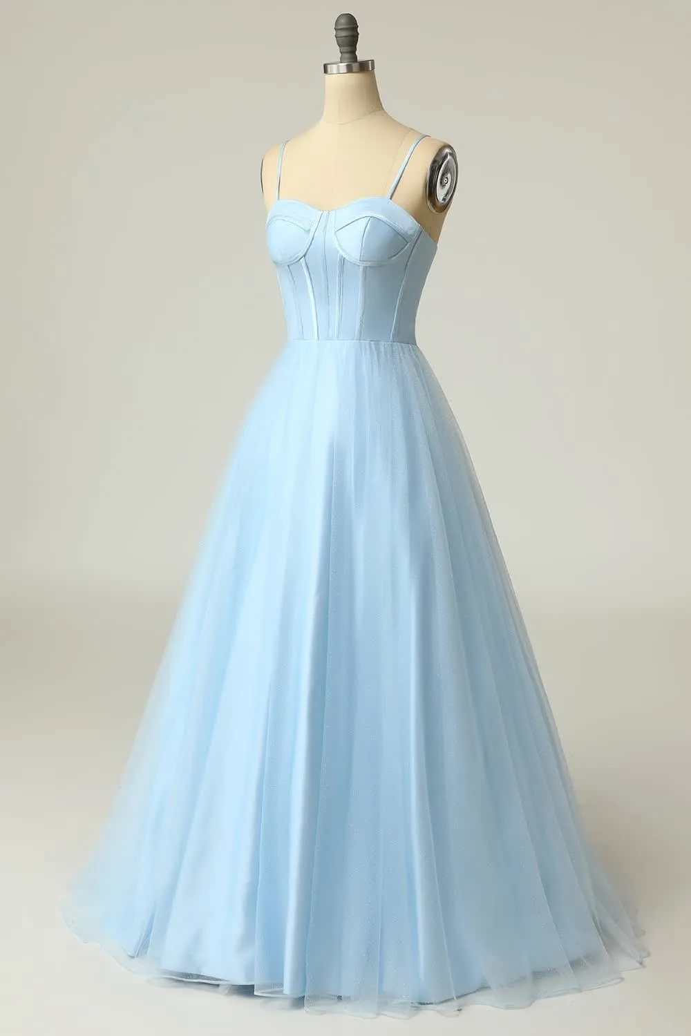 A Line Spaghetti Straps Sky Blue Long Prom Dress