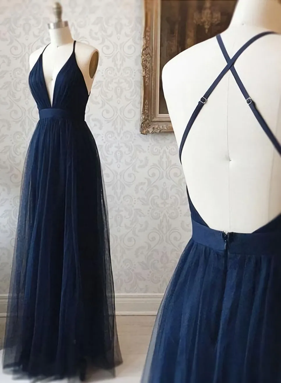 A Line V Neck Navy Blue Backless Prom Dresses, Dark Navy Blue Backless Tulle Evening Formal Dresses