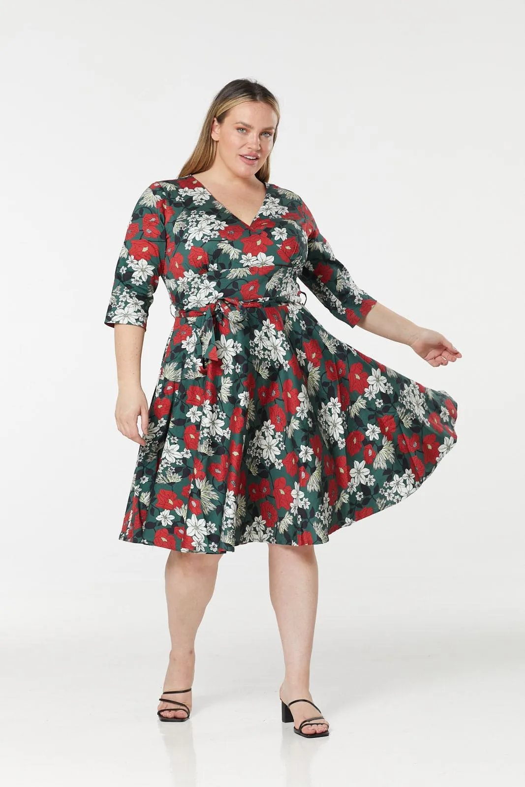 Angela Wrap Swing, Fit and flare Midi Floral Dress