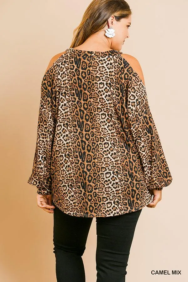 Animal Print Long Puff Sleeve with Open Shoulder