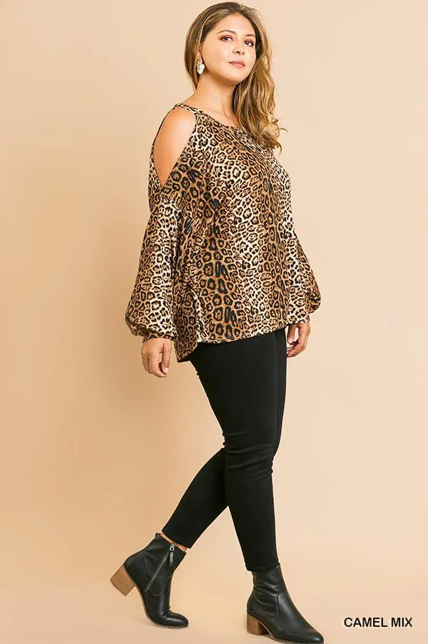 Animal Print Long Puff Sleeve with Open Shoulder