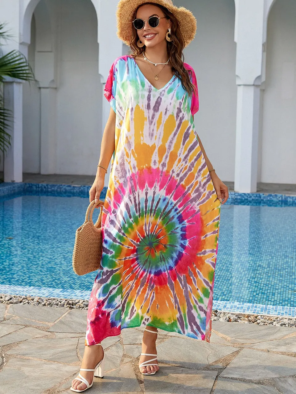 Ashore Shop 2023 Boho Tie Dye Oversize Kaftan Beach Cover Up for Women Holiday Casual Loose Long Dress Robe Beachwear Swim Suit Sarong