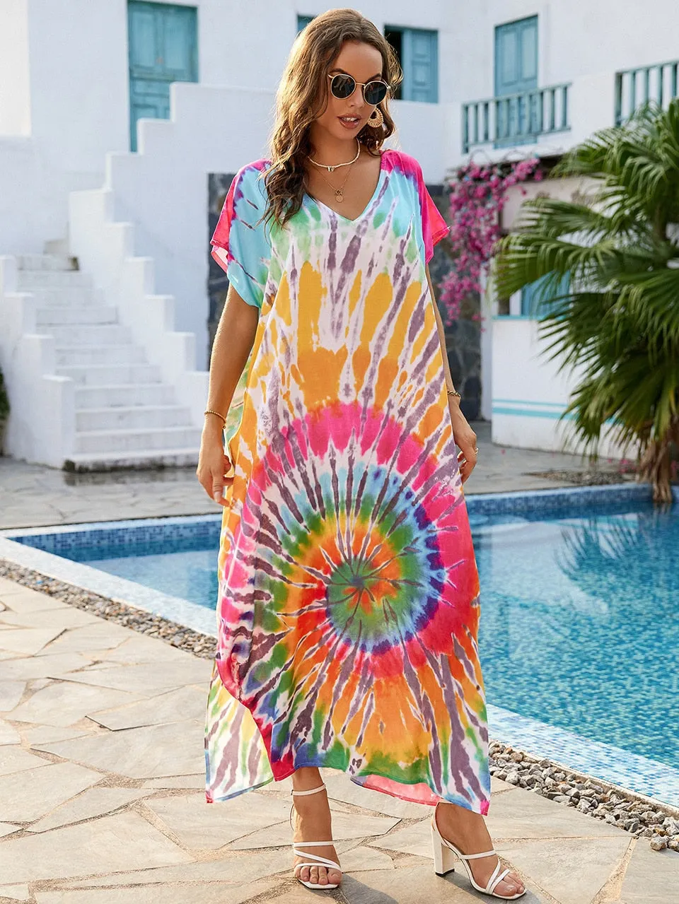 Ashore Shop 2023 Boho Tie Dye Oversize Kaftan Beach Cover Up for Women Holiday Casual Loose Long Dress Robe Beachwear Swim Suit Sarong