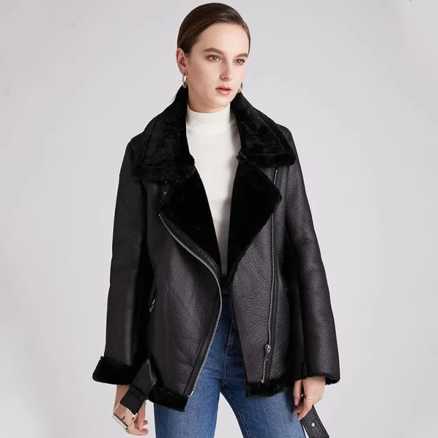 Ashore Shop Womens Sheepskin Motorcycle Winter Faux Leather Jacket