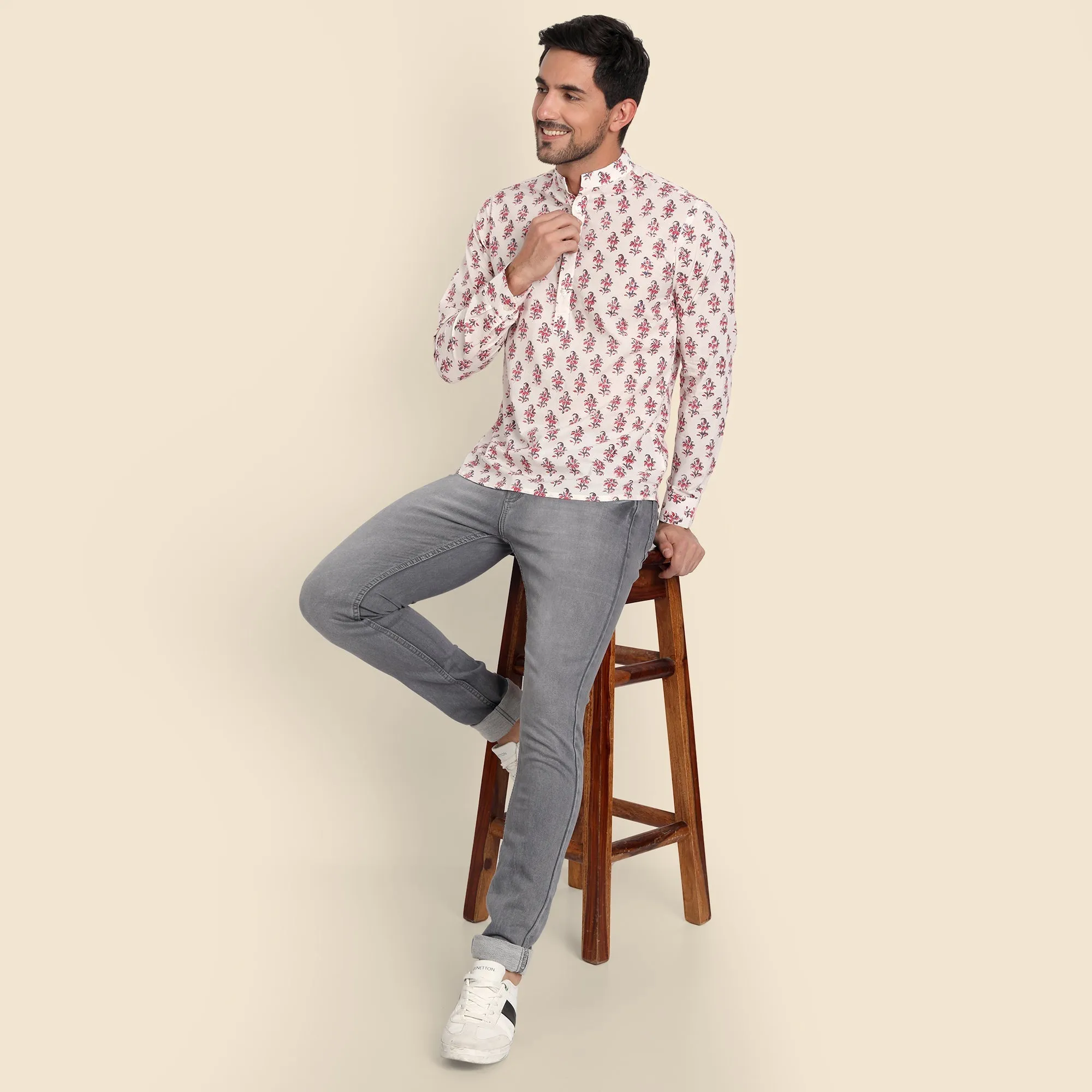 Ayaan White Hand Block Printed Shirt for Men