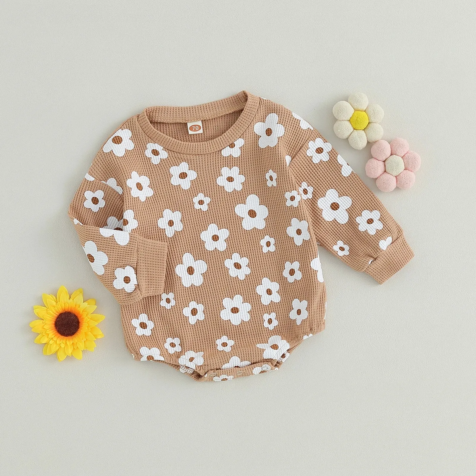 Baby Girls Autumn Ribbed Knit Floral Romper Onesie (3 Colors)