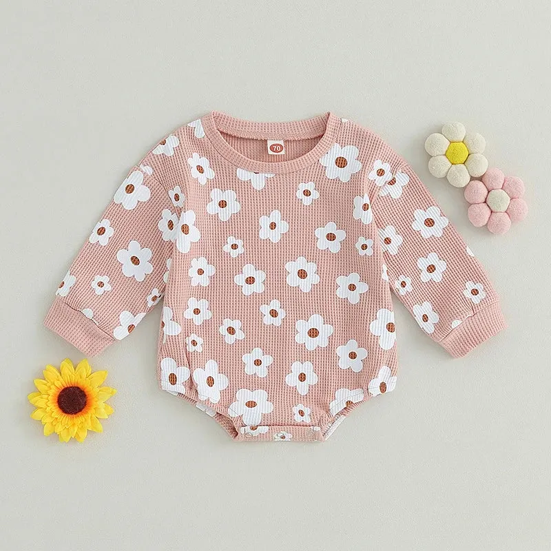 Baby Girls Autumn Ribbed Knit Floral Romper Onesie (3 Colors)