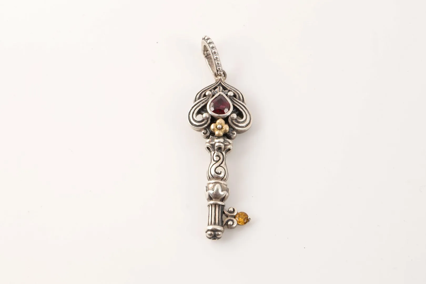 Barbara Bixby 925 Silver 18k Gold Red & Yellow Stone Key Pendant (13.77g.)