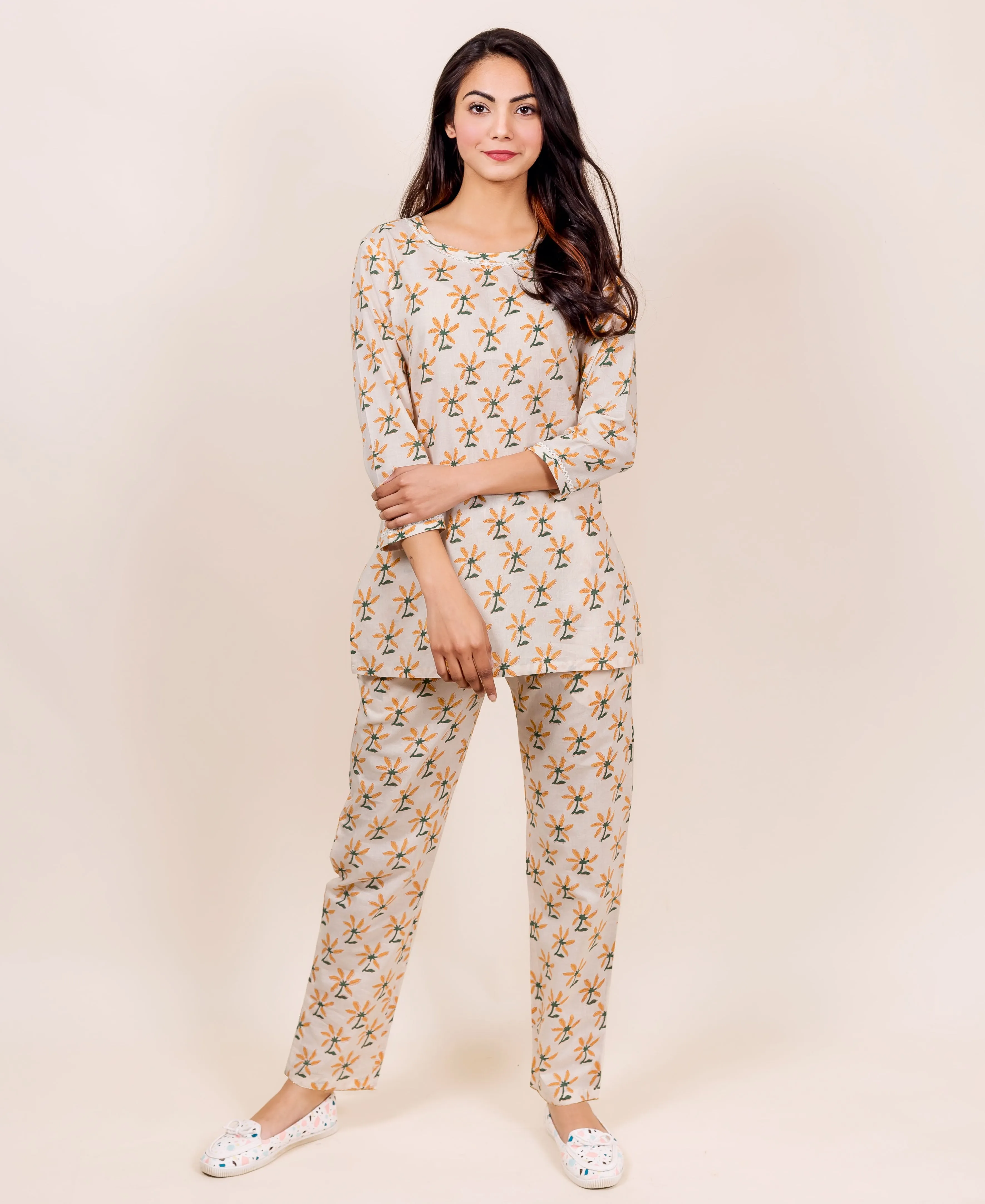 Beige Matching Block Printed Top and Pajama