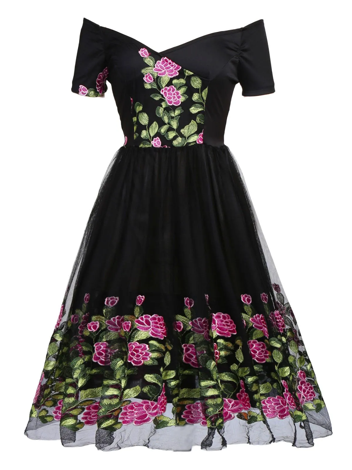 Black 1950s Peony Embroidery Dress