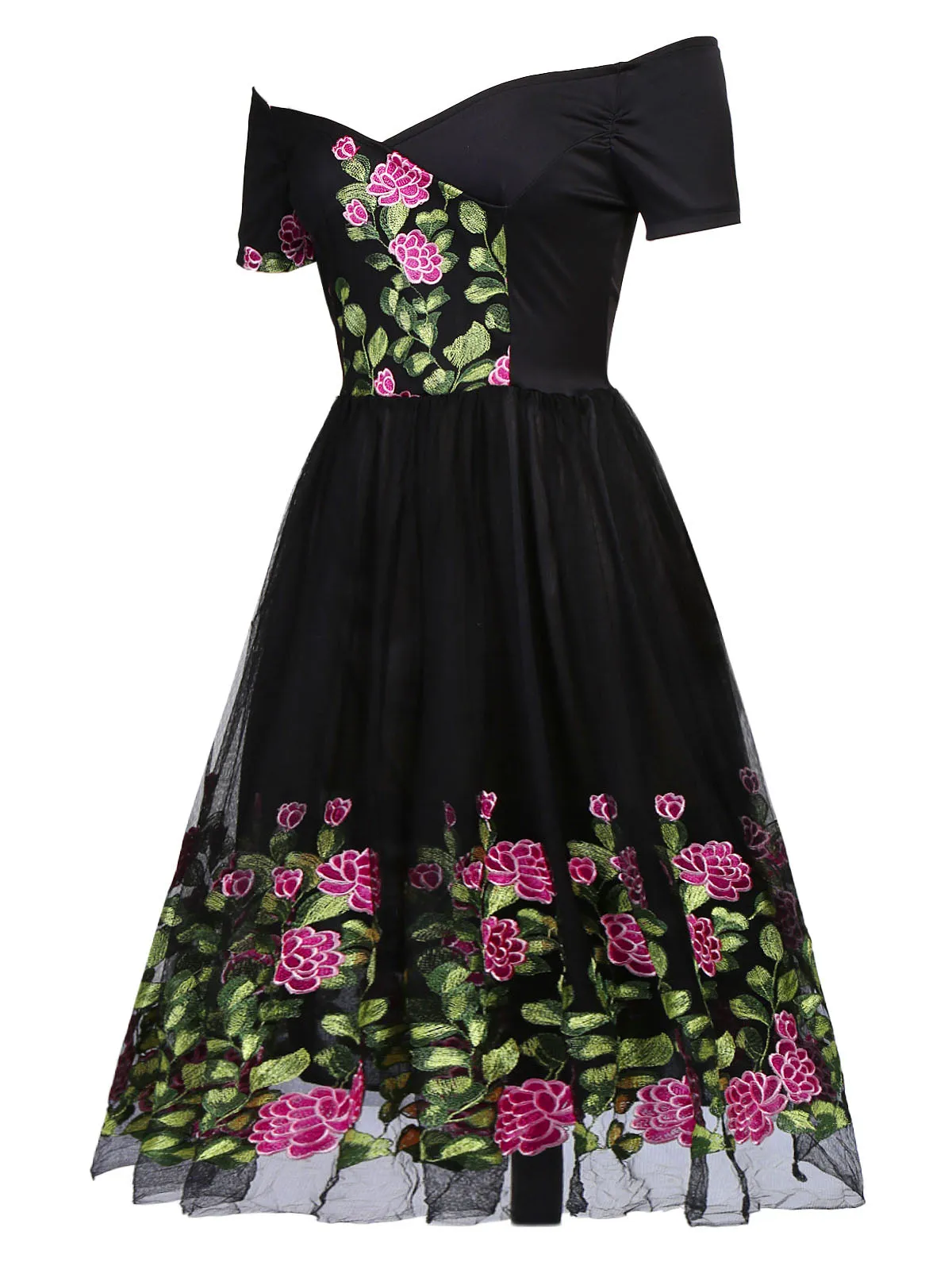 Black 1950s Peony Embroidery Dress