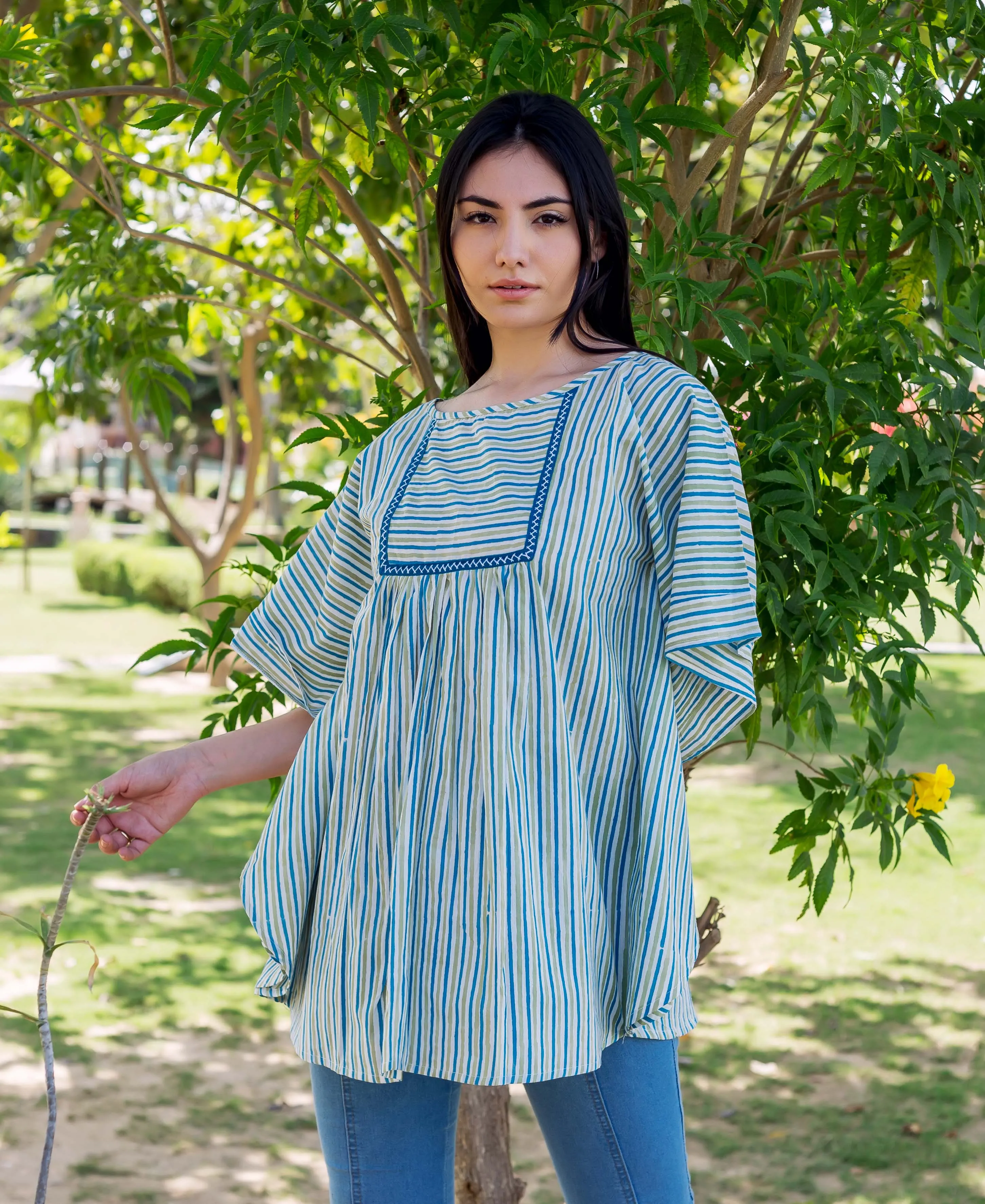 Blue and Green Block Printed Kaftan Top