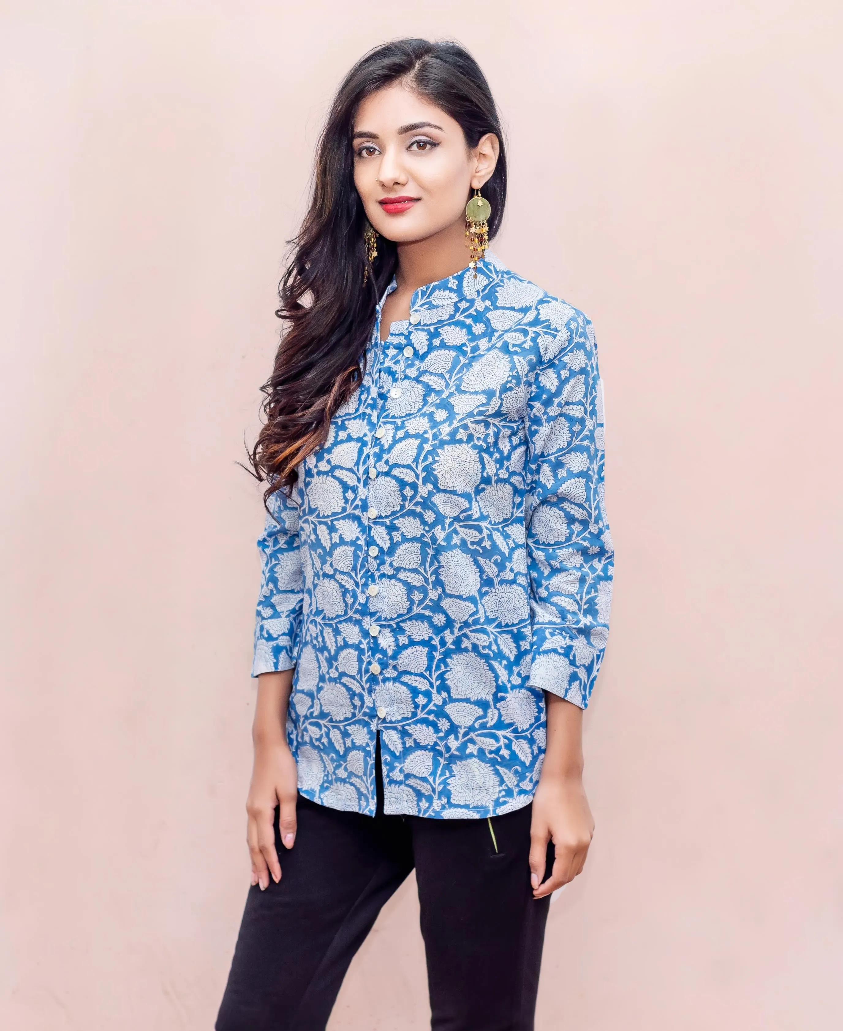 Blue and White Button Down Block Printed Cotton Top