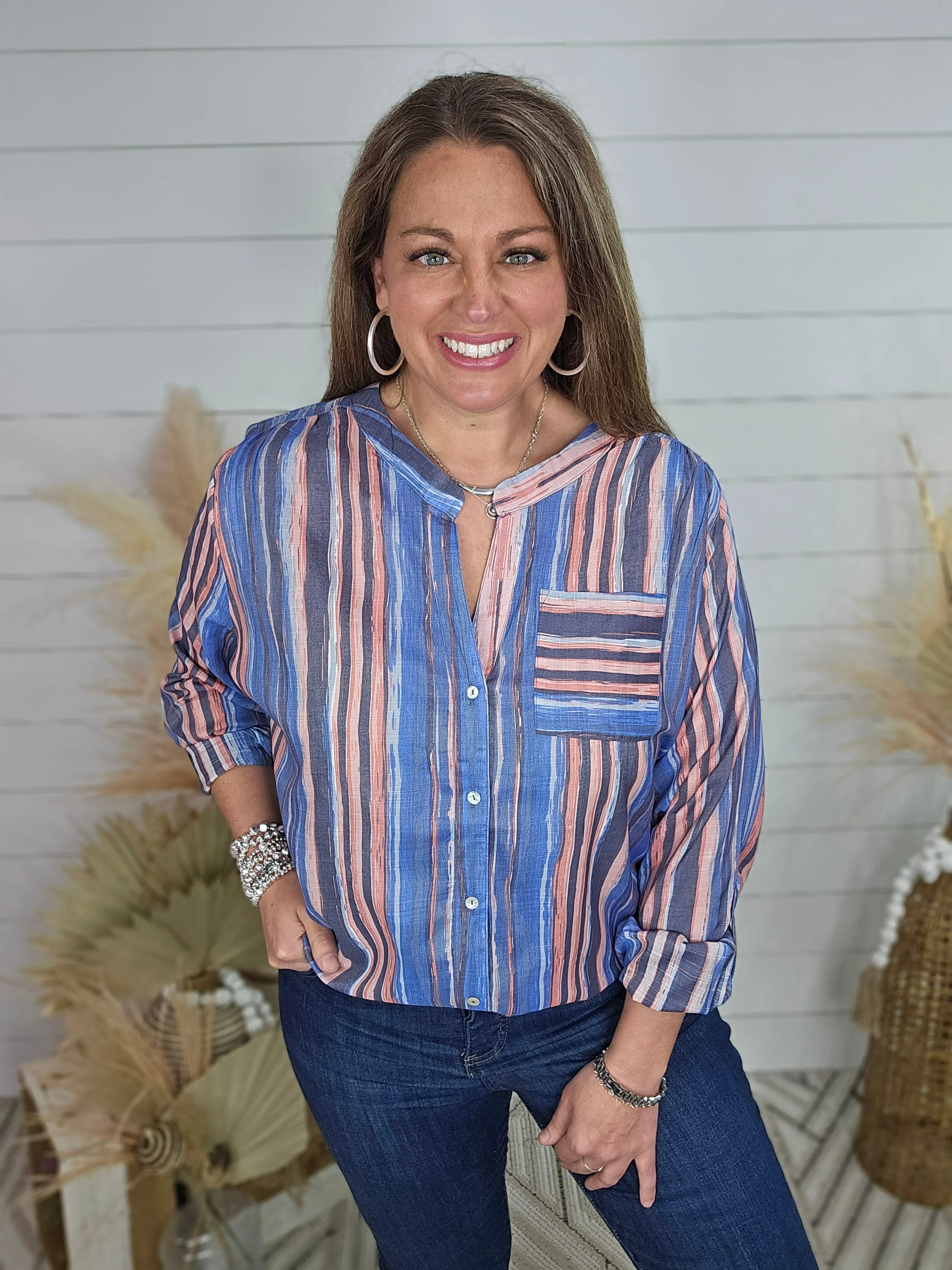 BLUE/CORAL STRIPED ROLL UP SLEEVE BUTTON TOP