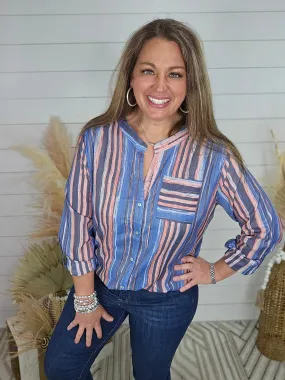 BLUE/CORAL STRIPED ROLL UP SLEEVE BUTTON TOP