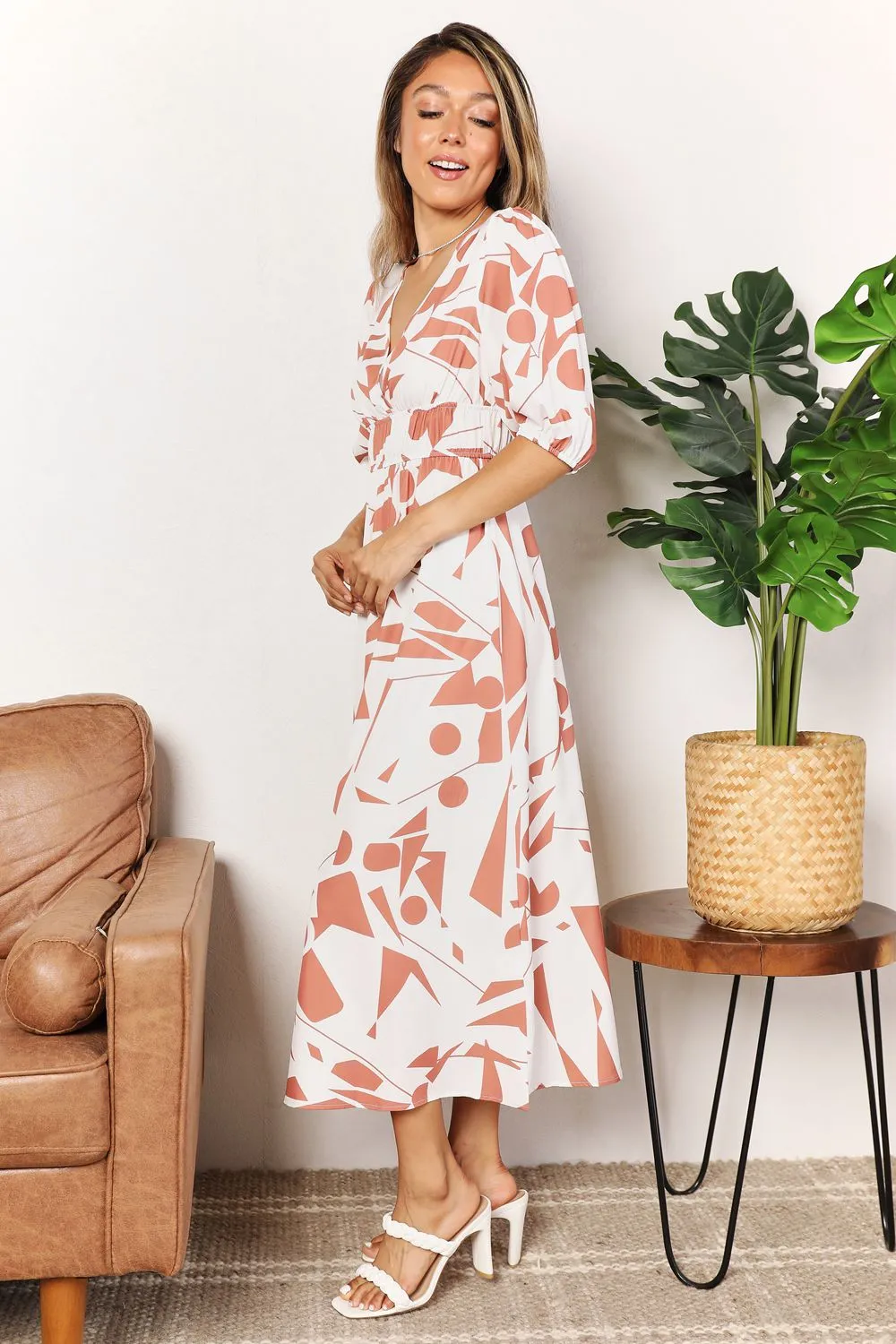 Boho Retro Printed Surplice Balloon Sleeve Dress