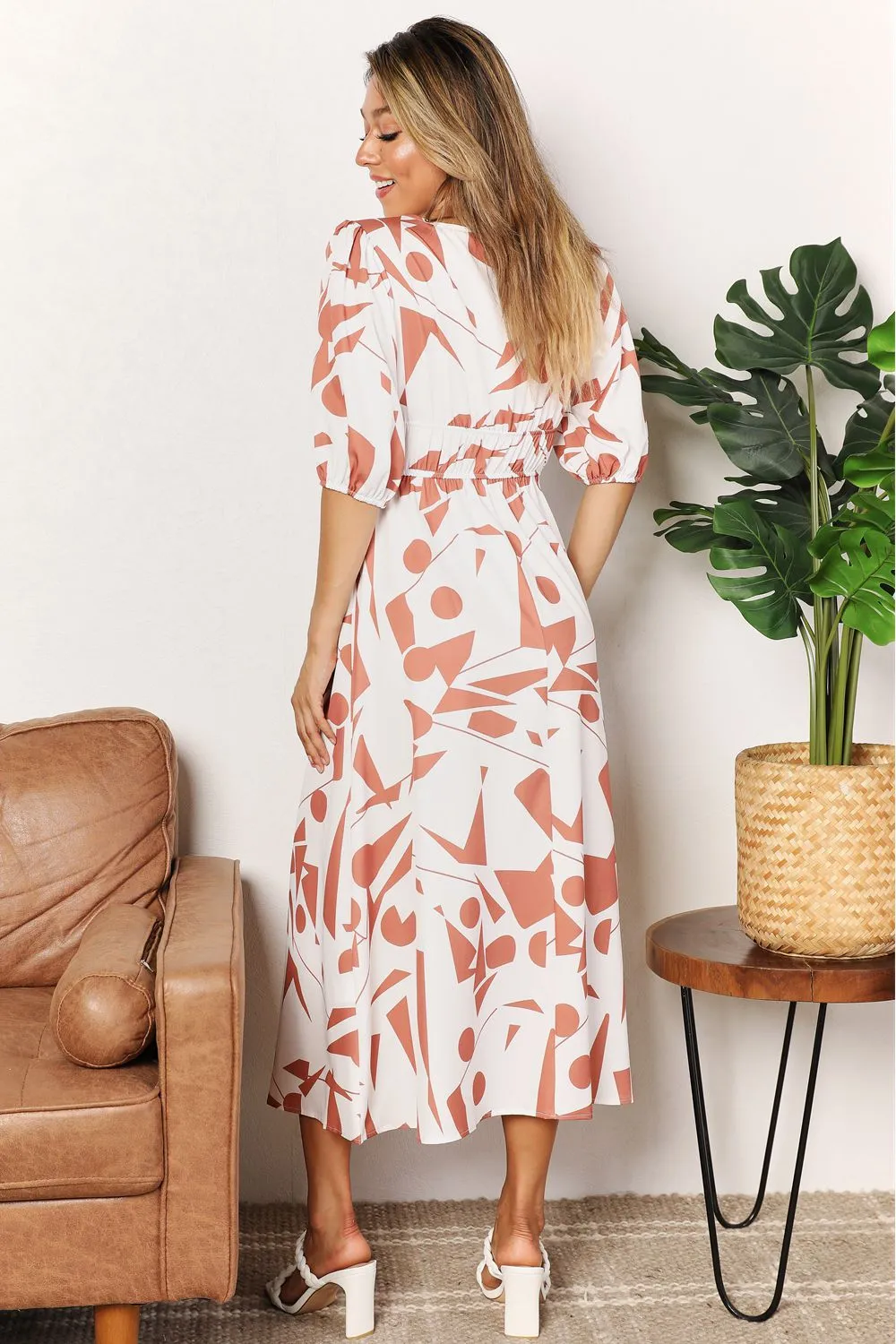 Boho Retro Printed Surplice Balloon Sleeve Dress