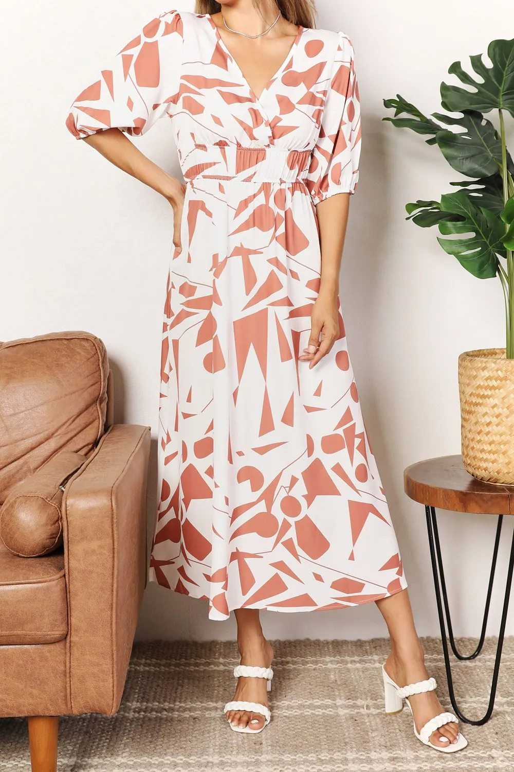 Boho Retro Printed Surplice Balloon Sleeve Dress