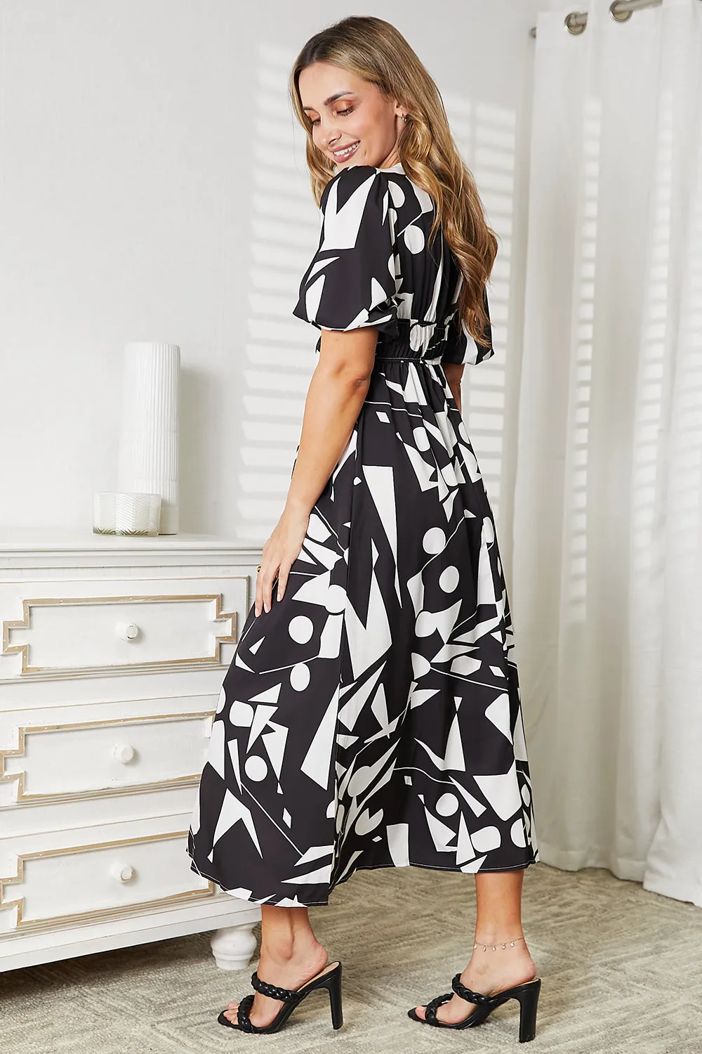 Boho Retro Printed Surplice Balloon Sleeve Dress