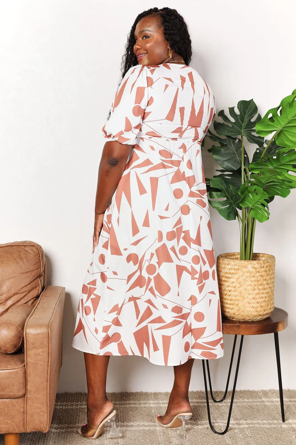 Boho Retro Printed Surplice Balloon Sleeve Dress