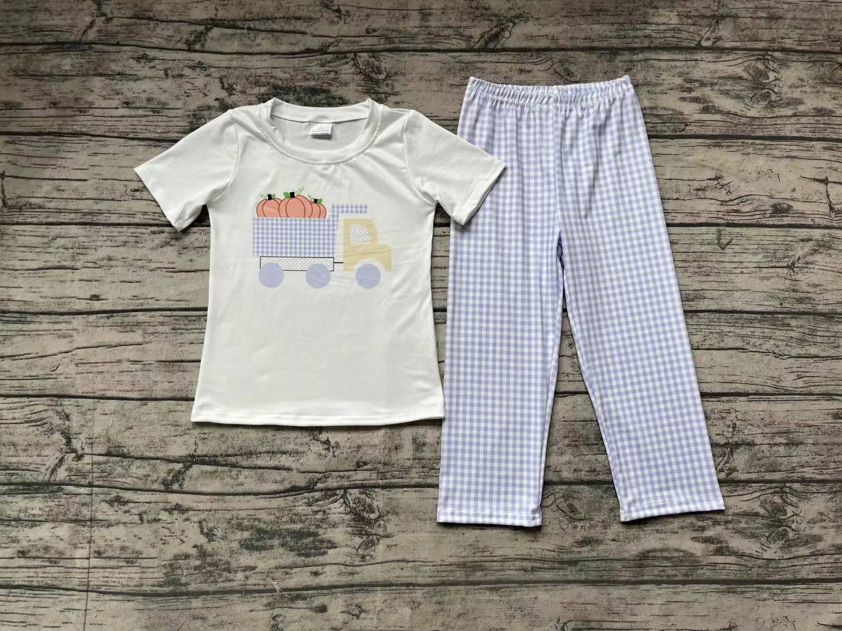 Boys Outfit - Autumn -Pumpkins Blue Check Truck Set