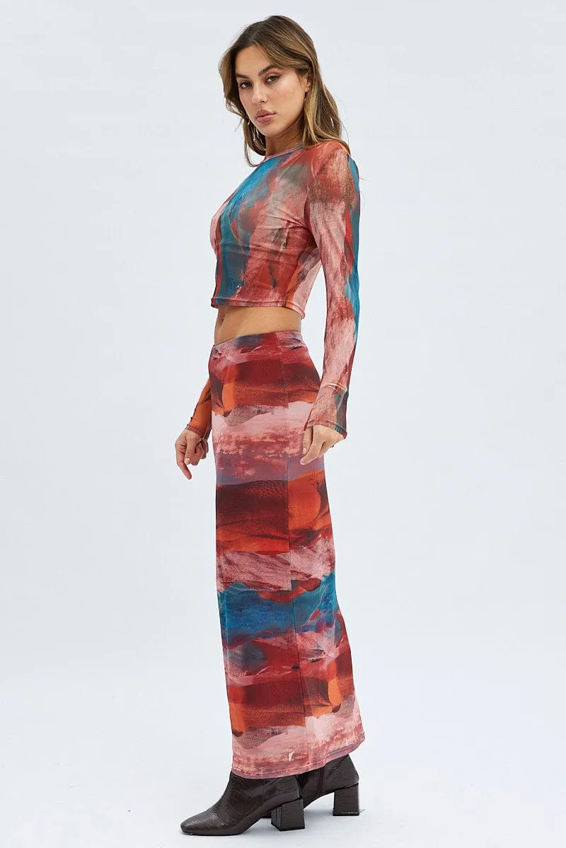 Brown Abstract Maxi Skirt High Rise Mesh