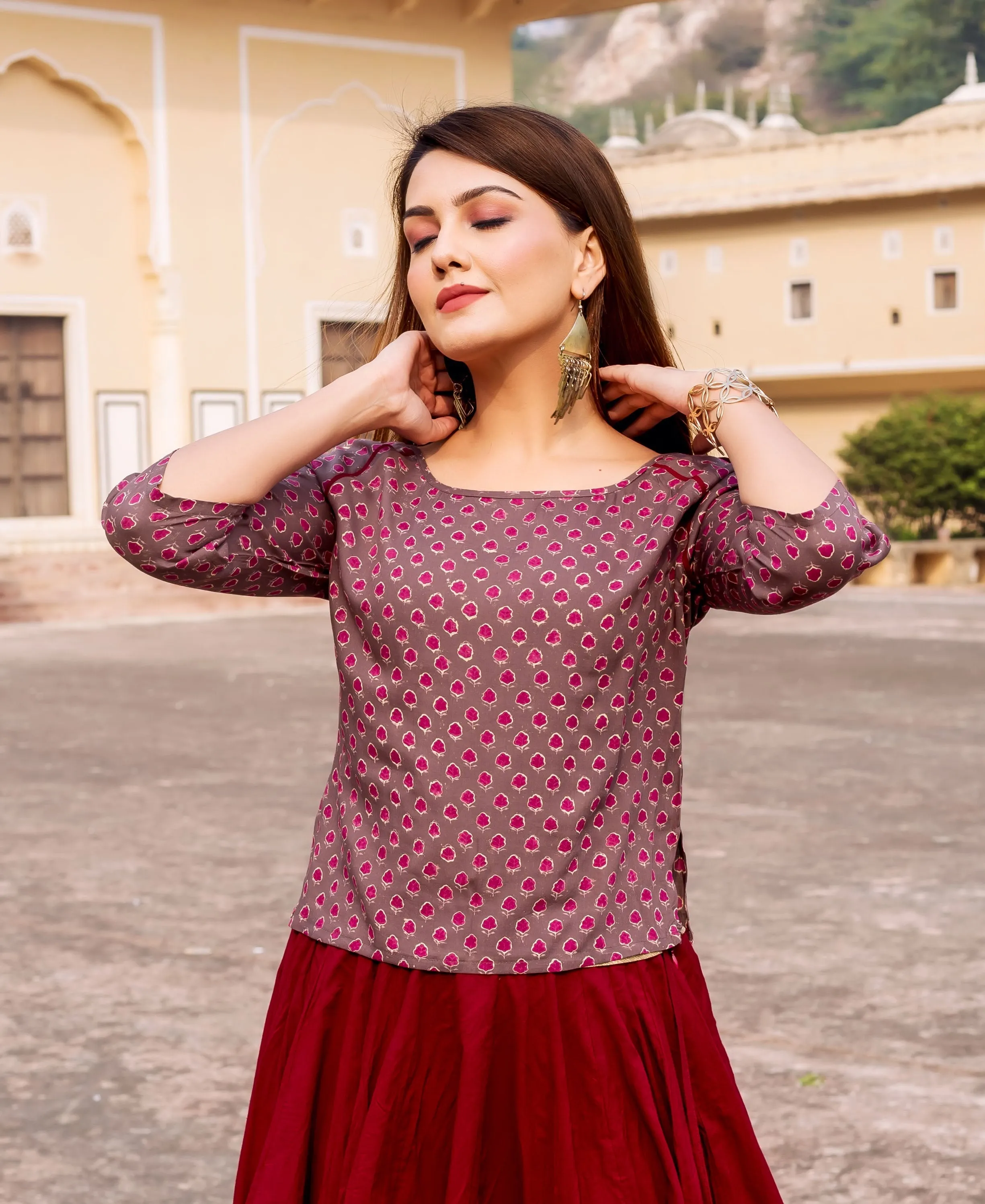 Brown Hand Block Printed Top ( 1 Pc. )