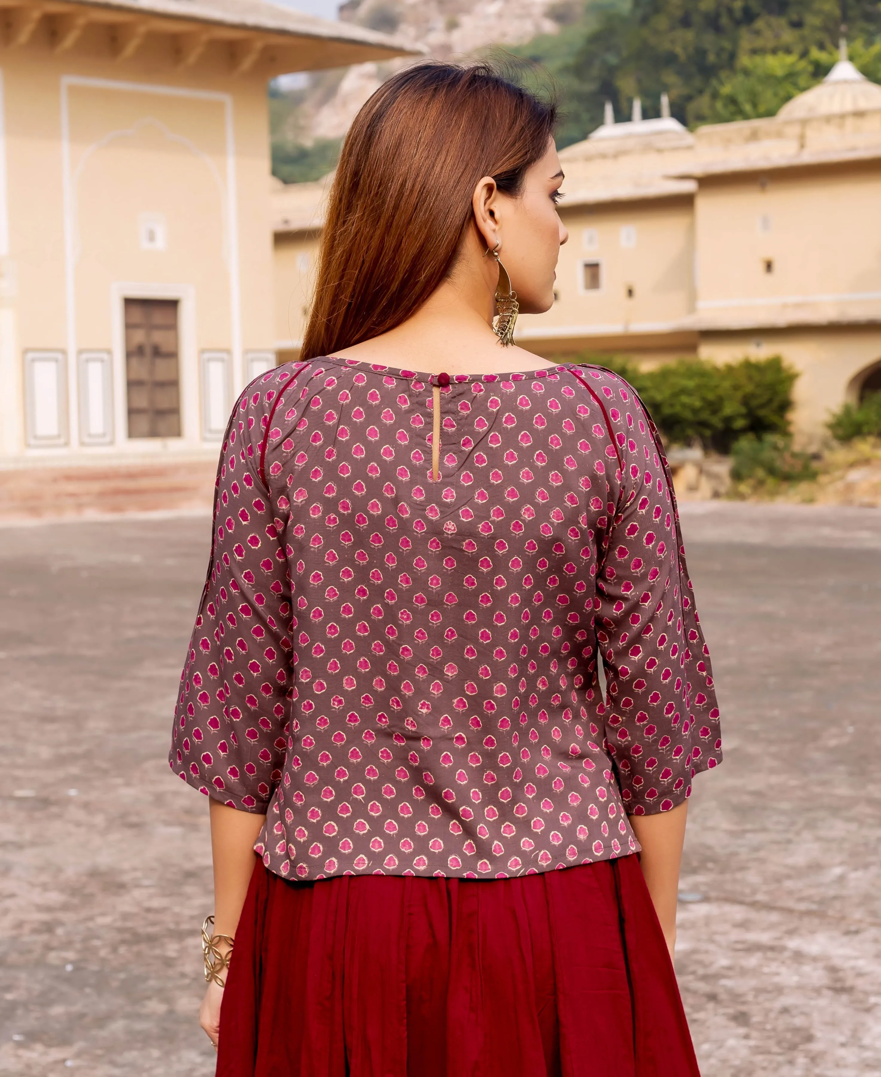 Brown Hand Block Printed Top ( 1 Pc. )