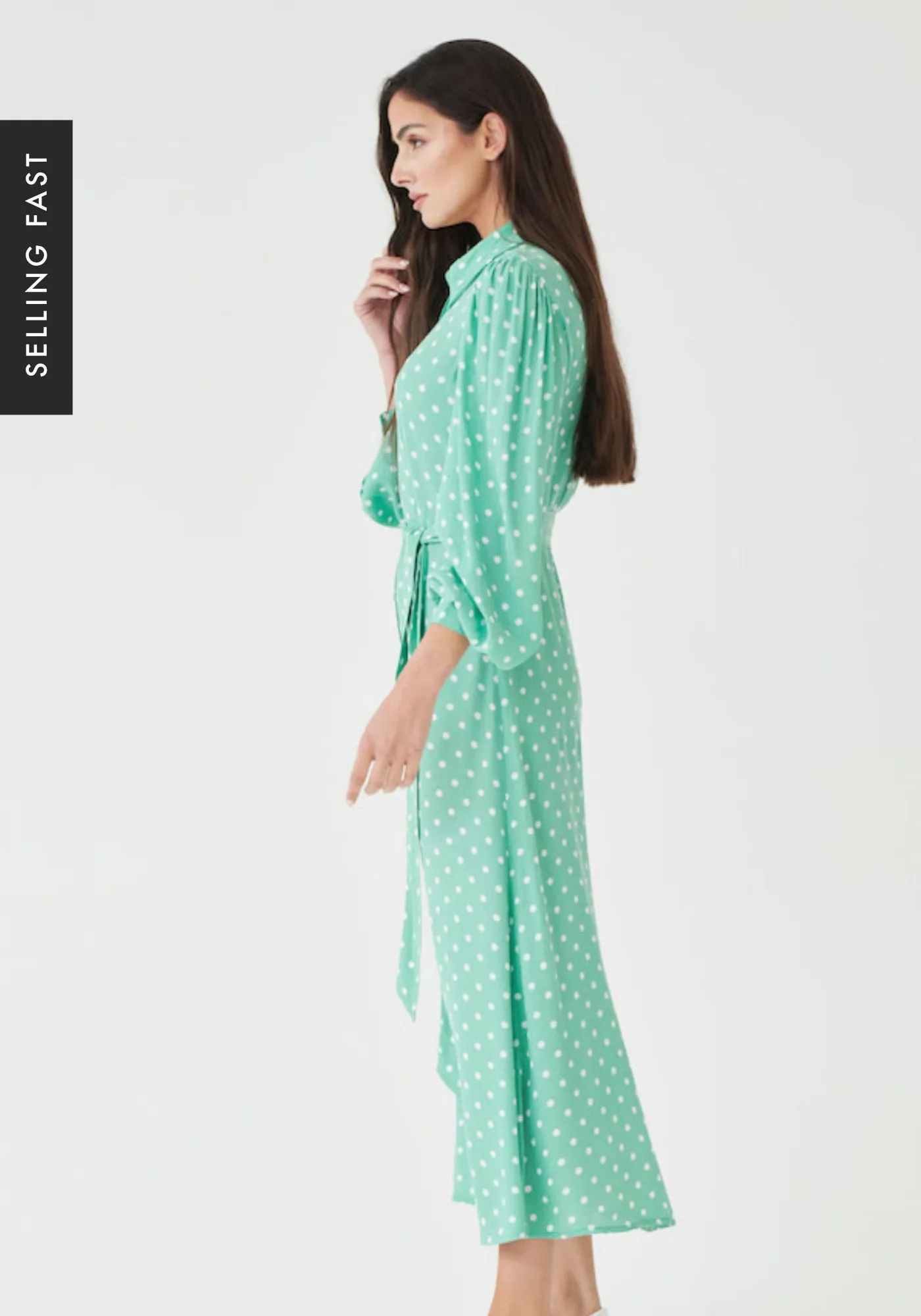 Button Down Midi Shirt Dress in Green Polka