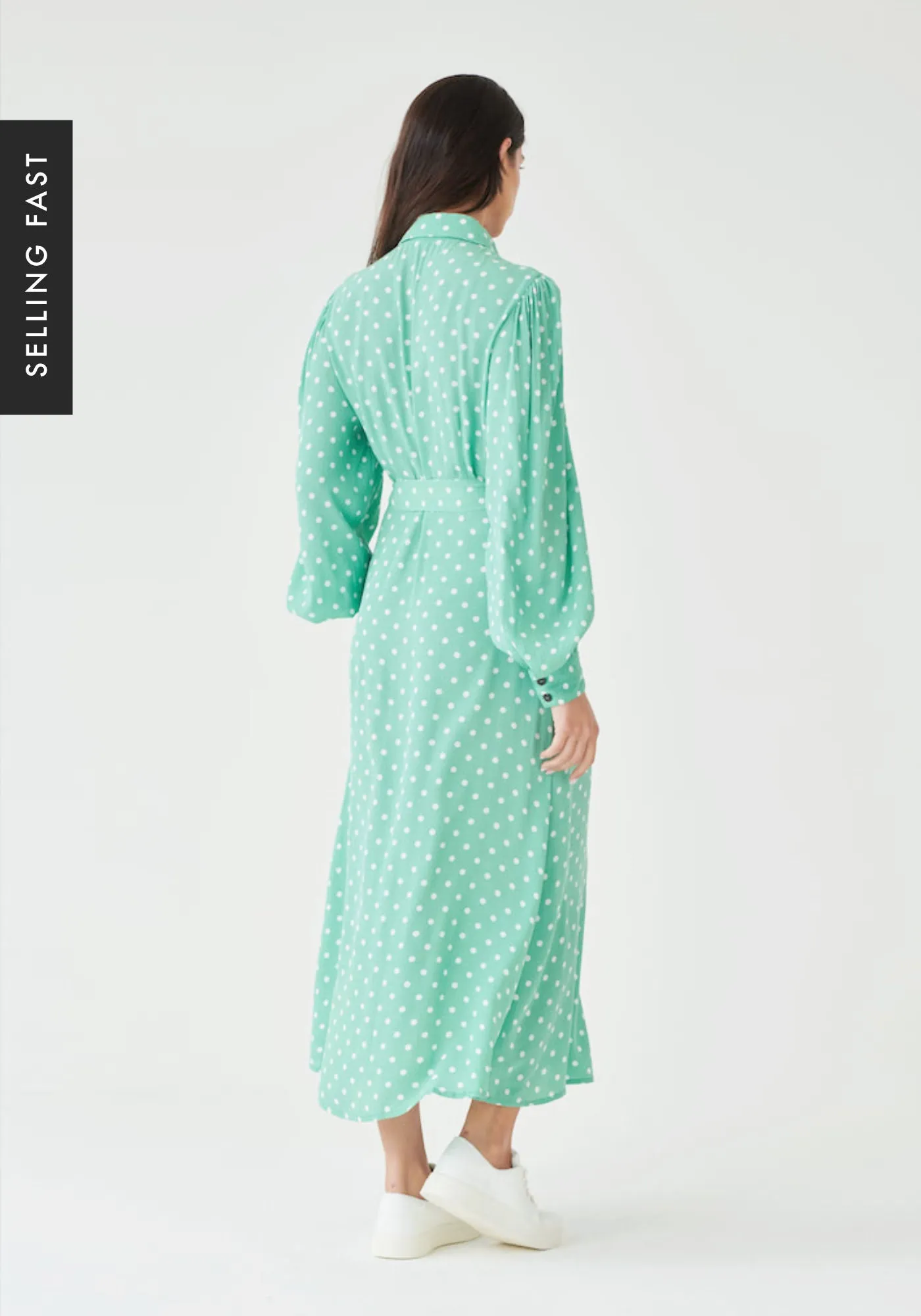 Button Down Midi Shirt Dress in Green Polka