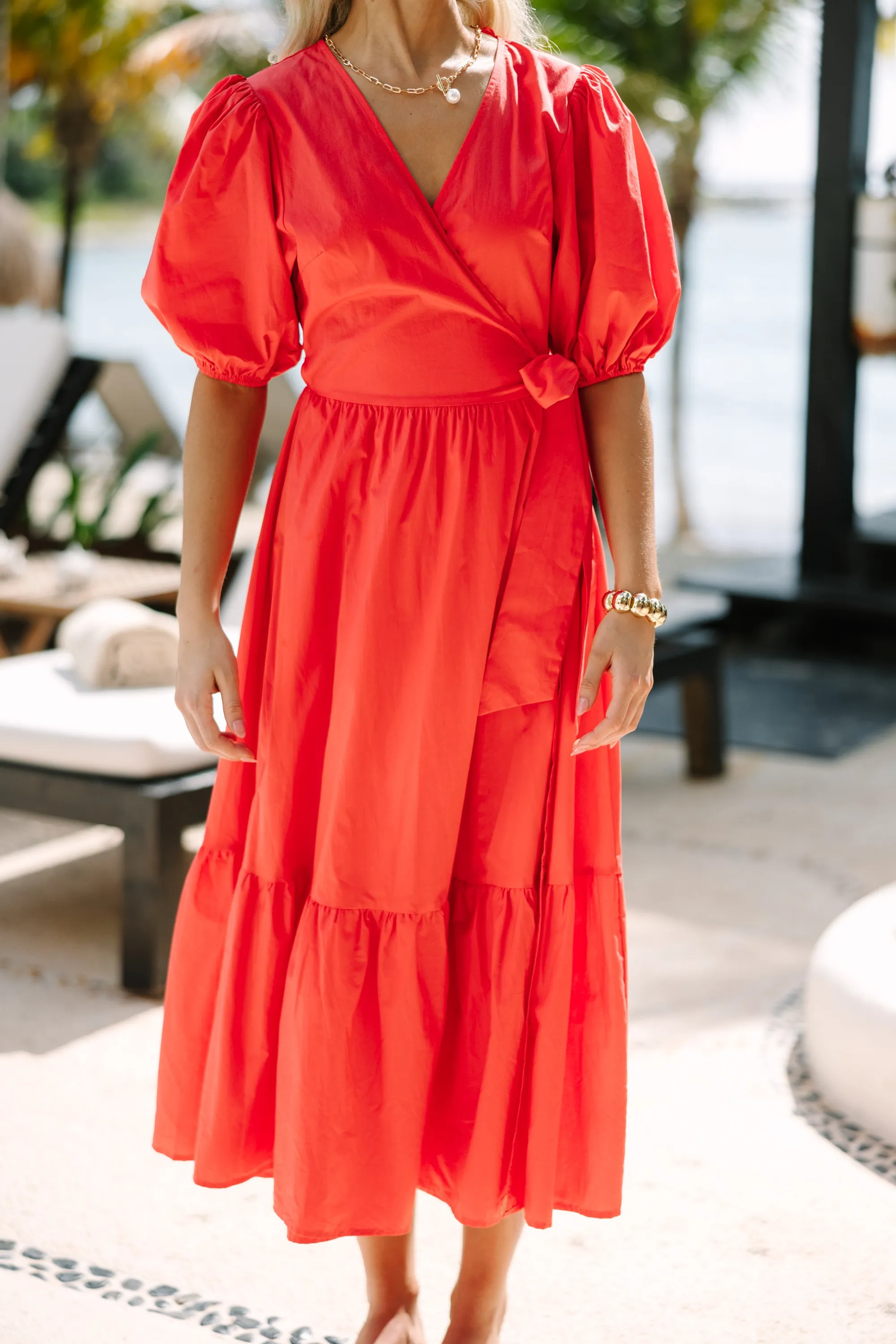 Can't Stop You Coral Red Poplin Midi Dress