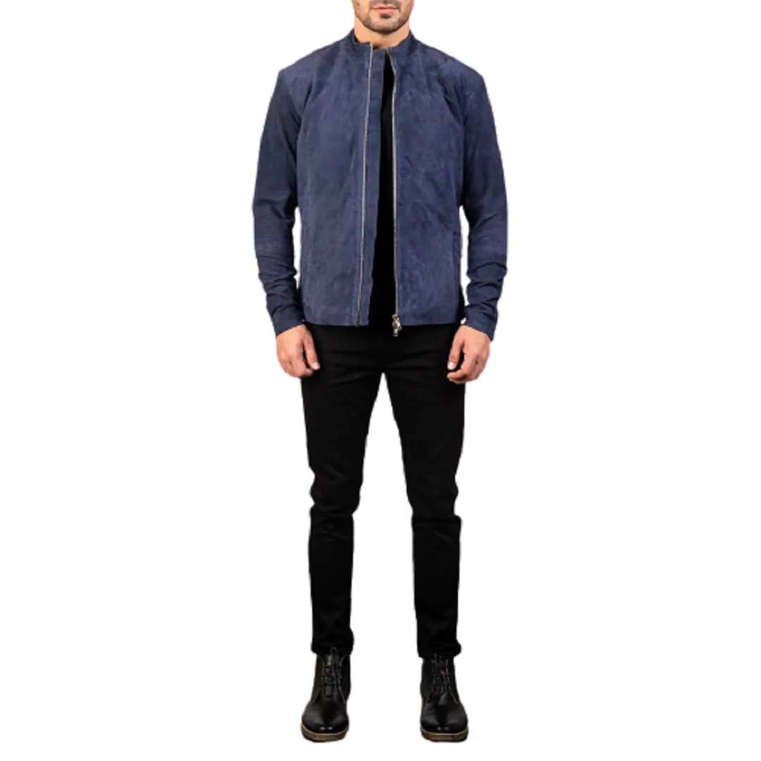 Charcoal Navy Blue Suede Leather Biker Jacket