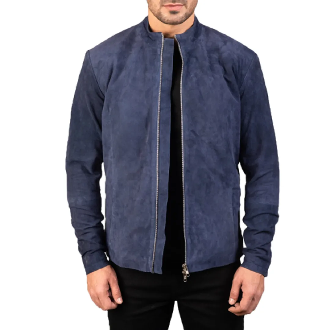 Charcoal Navy Blue Suede Leather Biker Jacket