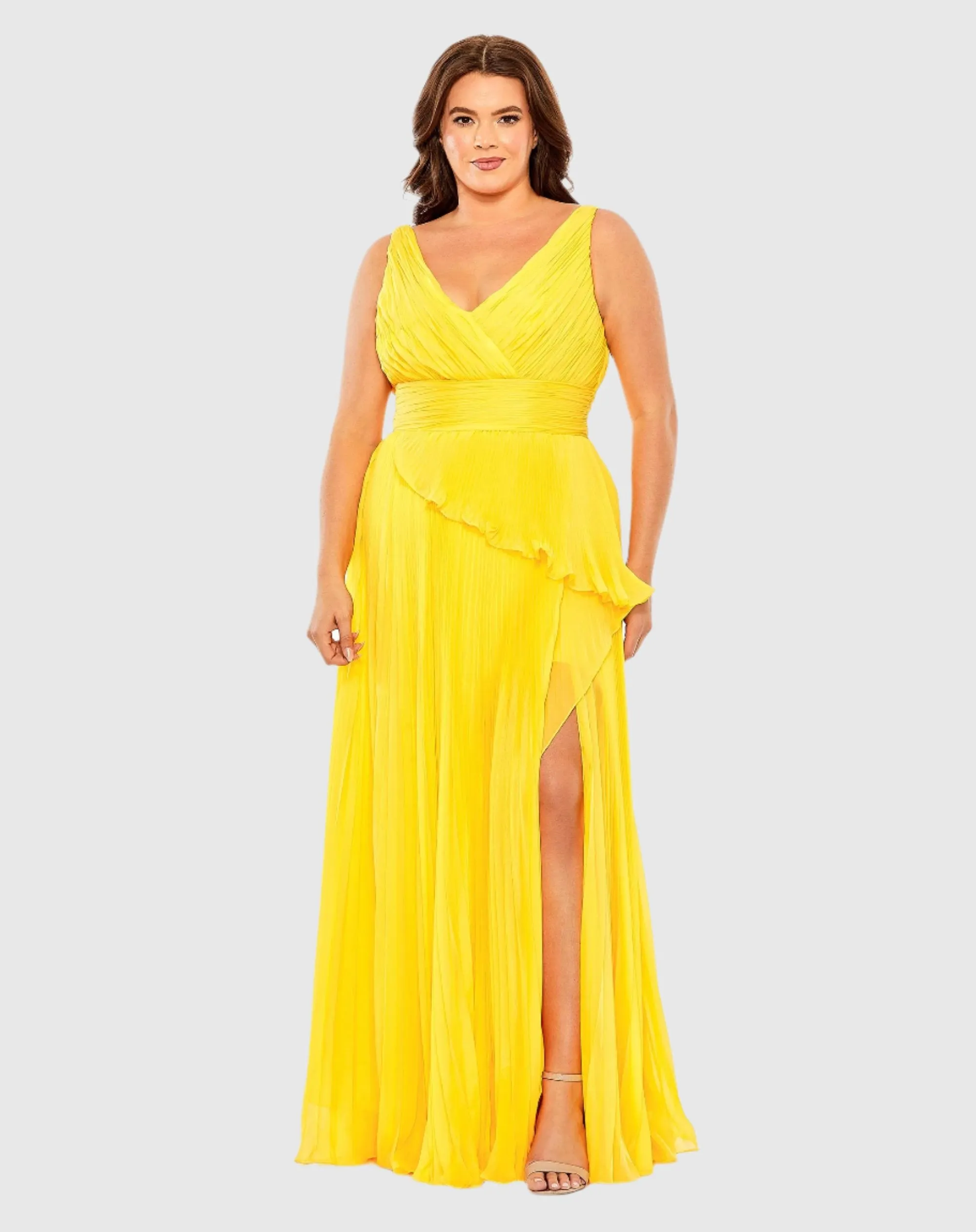 Chiffon Pleated V-Neck Ruffle Gown (Plus) - FINAL SALE