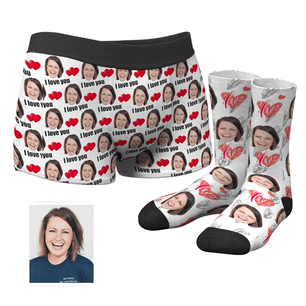 Couple Men's Custom Love Boxer Shorts And Crew Socks Set