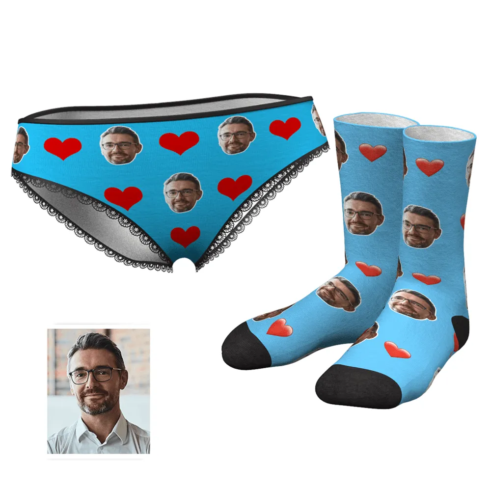 Couple Women's Custom Face Heart Panties And Crew Socks Set