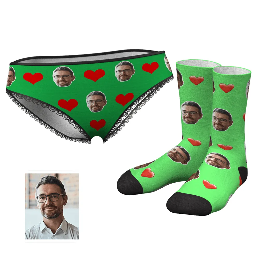 Couple Women's Custom Face Heart Panties And Crew Socks Set