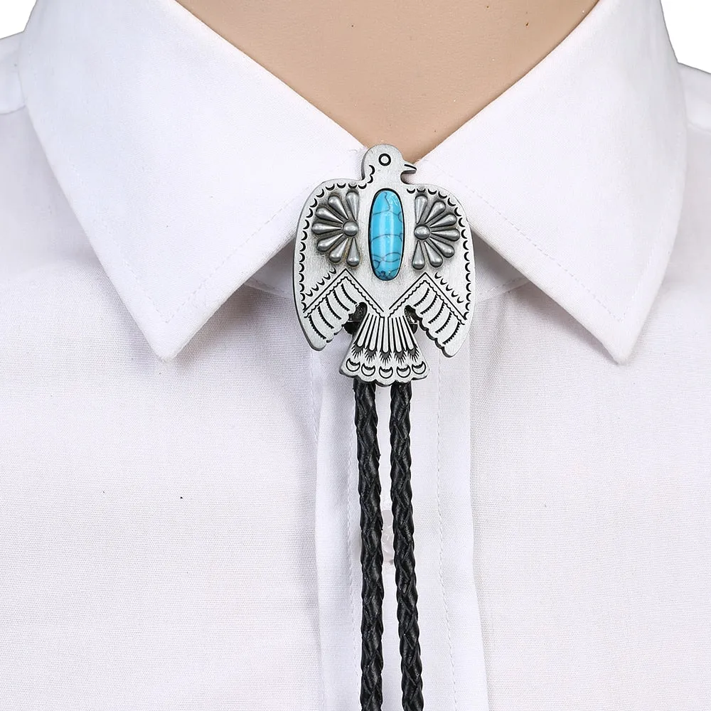 Cowboy West bolo tie natural pine eagle zinc alloy leather collar rope