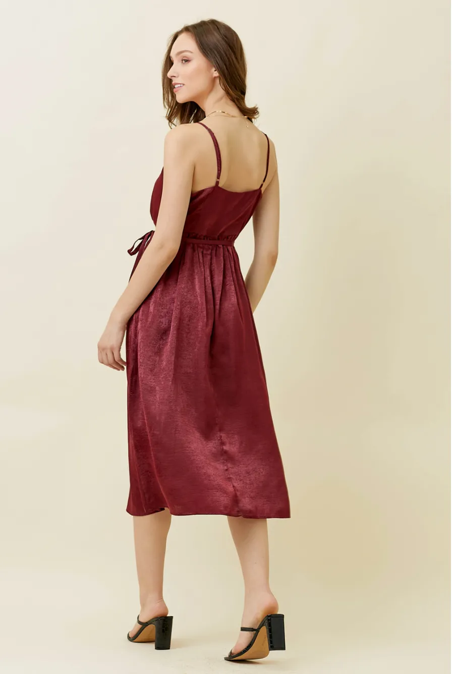 Crushed Satin Long Surplice Dress