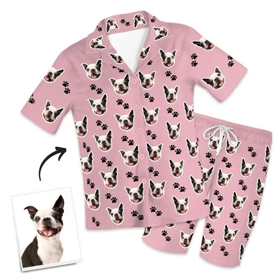 Custom Dog Paw On Short Sleeved And Pants With Face Pajamas