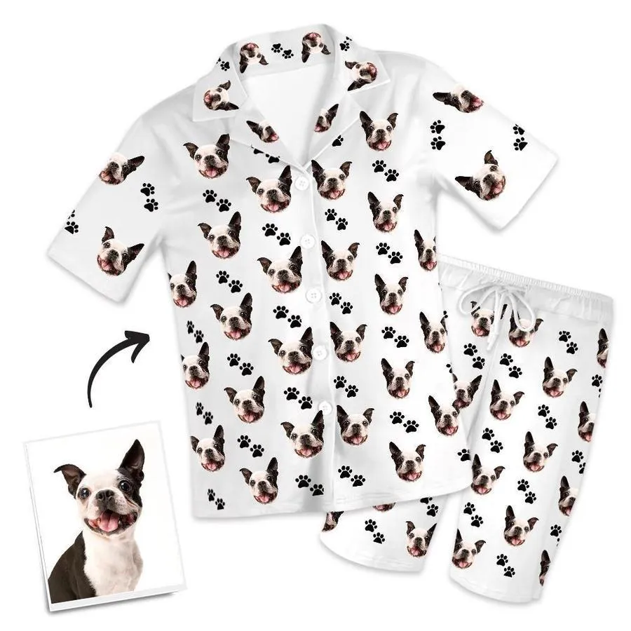 Custom Dog Paw On Short Sleeved And Pants With Face Pajamas