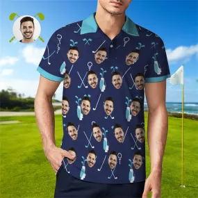 Custom Face Blue Polo Shirt For Men Personalized Golf Shirts