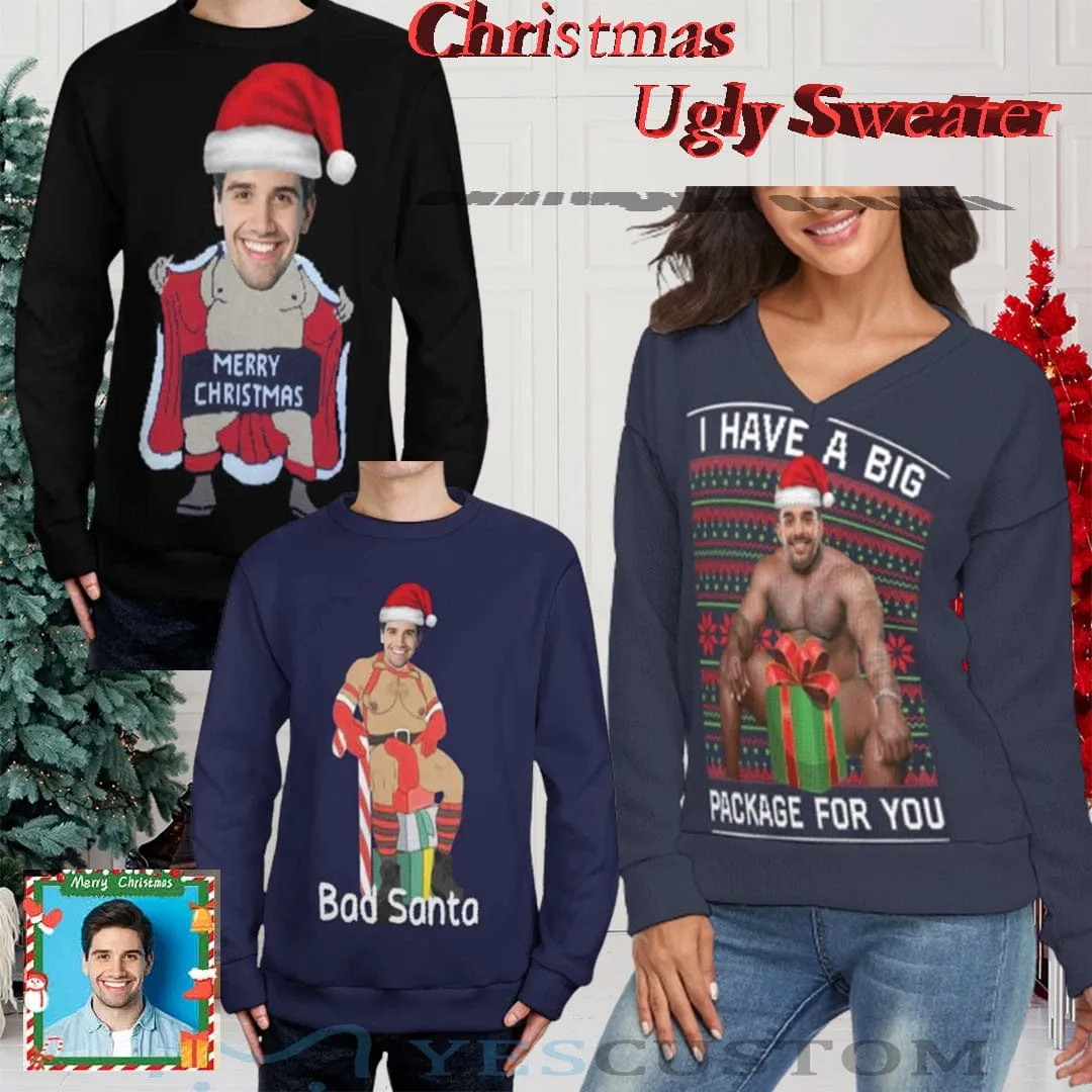 Custom Face Round Neck Sweater for Men Custom Ugly Christmas Sweater With Photo Long Sleeve Lightweight Sweater Tops